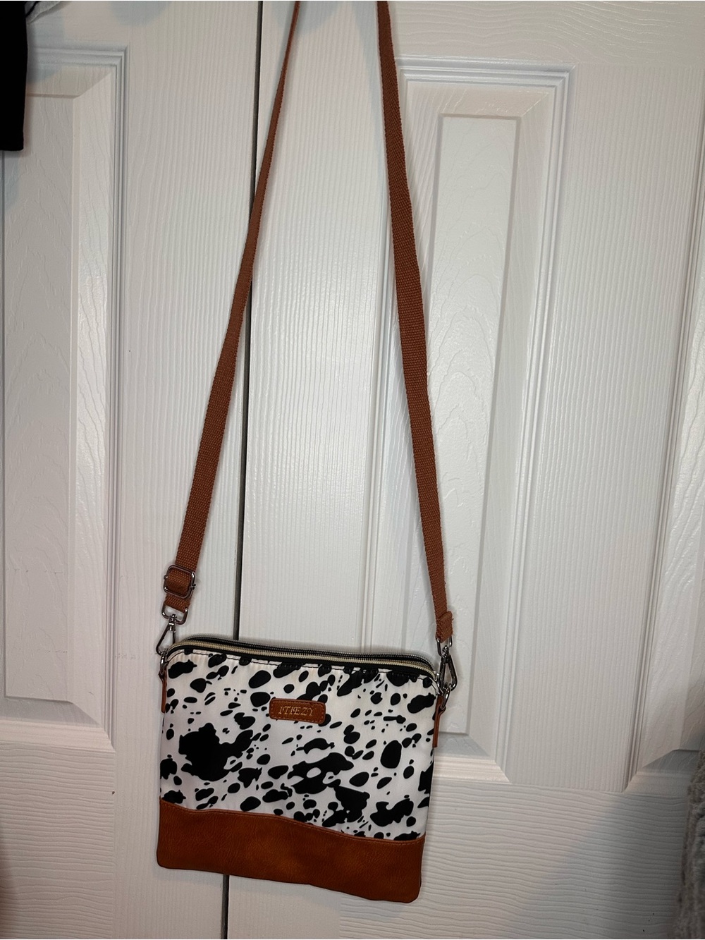 Dalmatian Print Crossbody Bag with Tan Trim